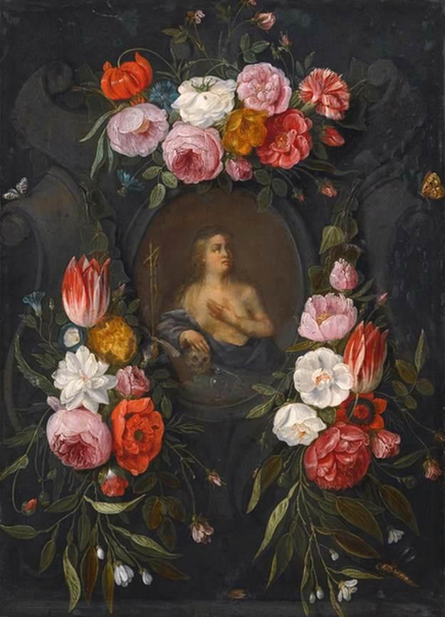 Wikioo.org - The Encyclopedia of Fine Arts - Painting, Artwork by Jan Van Kessel The Elder - St Mary Magdalen Surrounded by a Garland