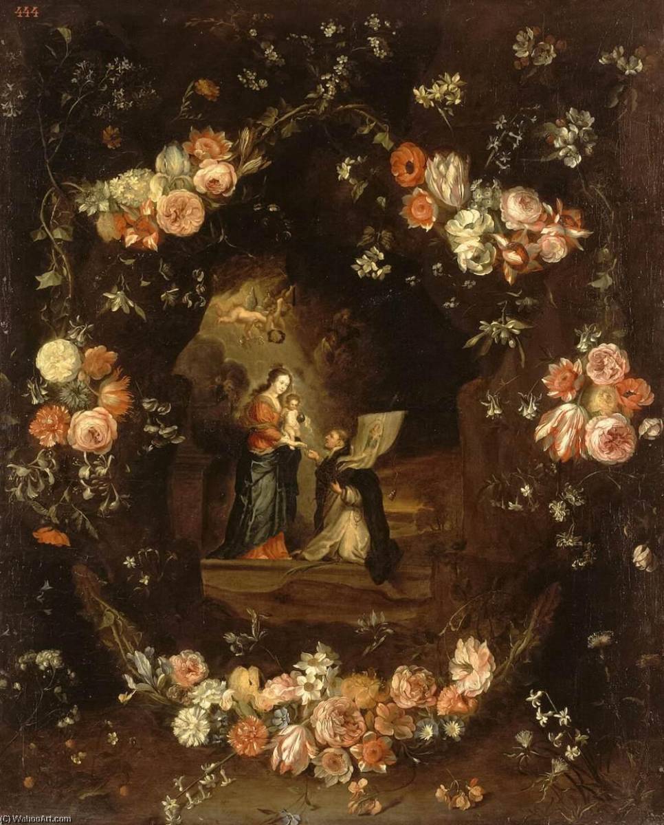 Wikioo.org - The Encyclopedia of Fine Arts - Painting, Artwork by Jan Van Kessel The Elder - Madonna with the Child and St Ildephonsus Framed with a Garland of Flowers