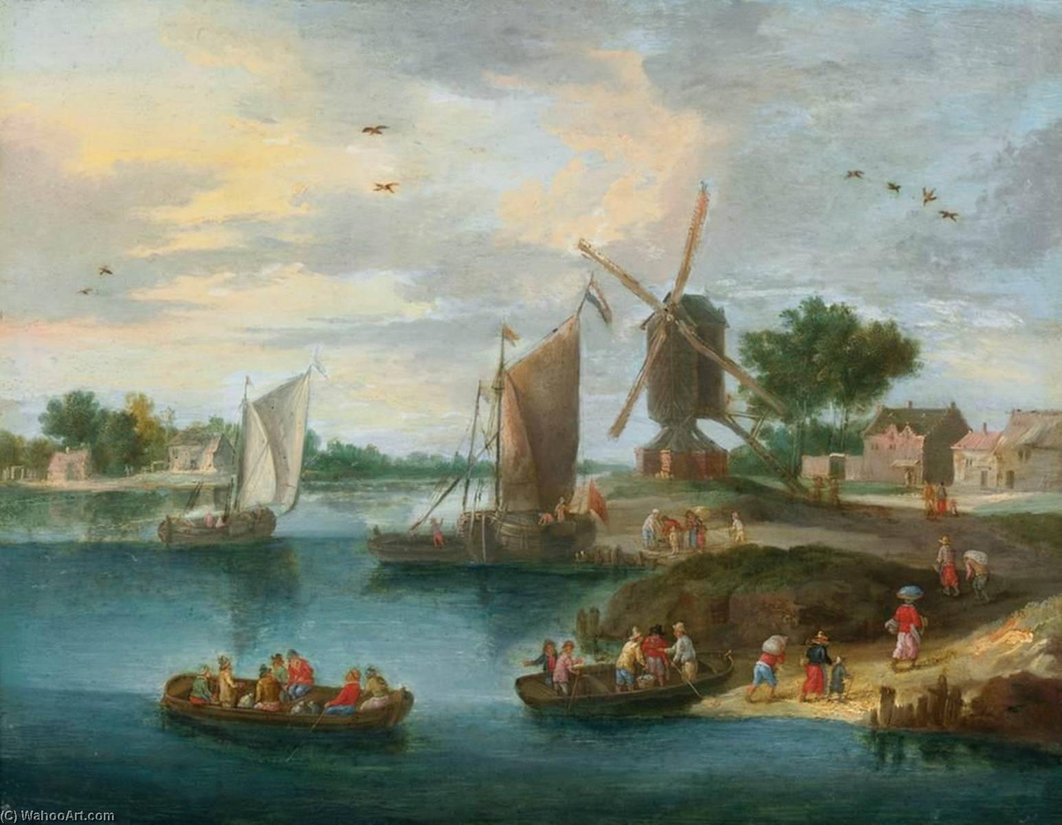 Wikioo.org - The Encyclopedia of Fine Arts - Painting, Artwork by Jan Van Kessel The Elder - River Landscape with a Windmill
