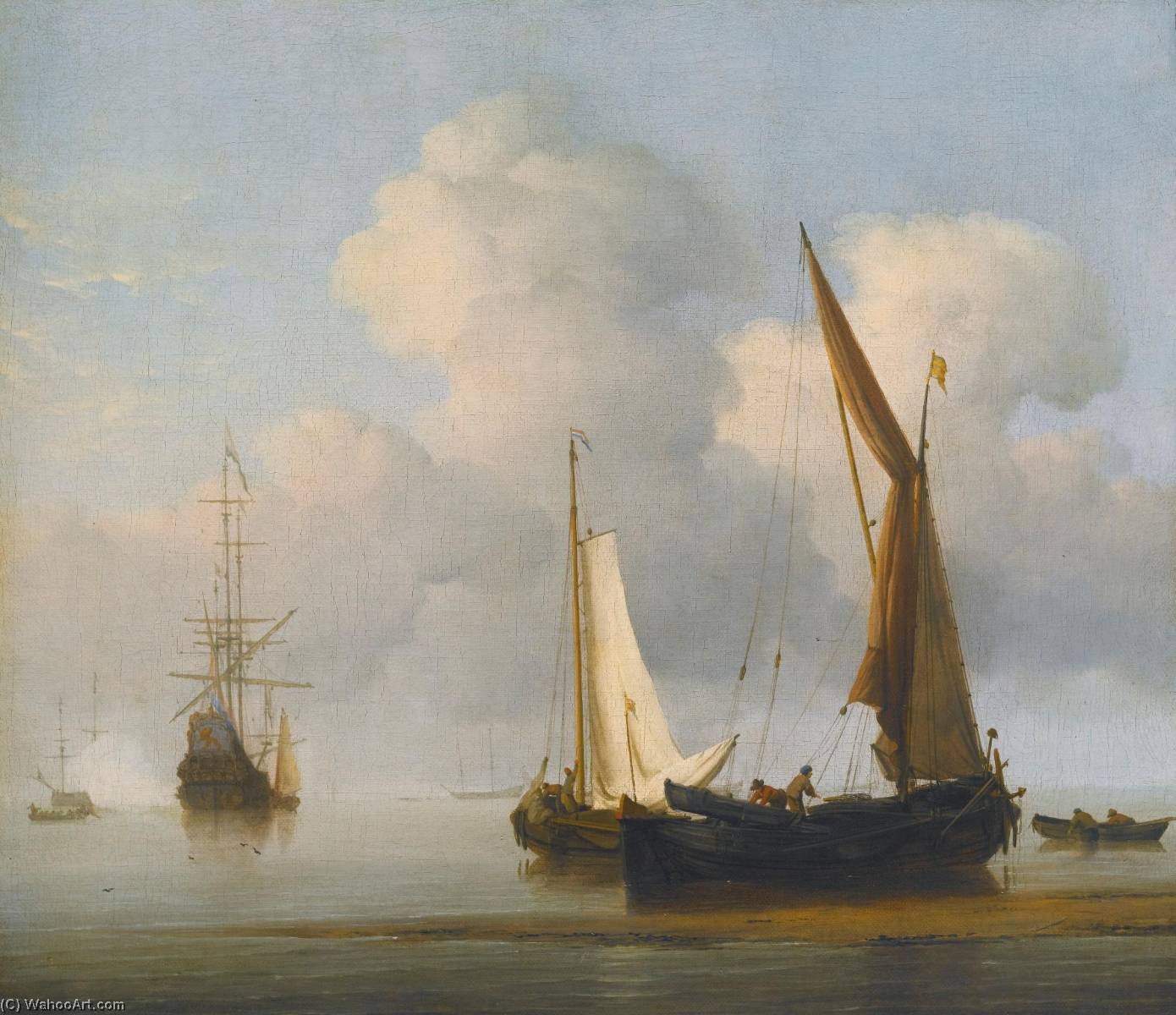 WikiOO.org – 美術百科全書 - 繪畫，作品 Willem Van De Velde The Younger - 一个 平静的海面 用 kaag  和 boeier 关闭 中 岸上 , 其他船 超越
