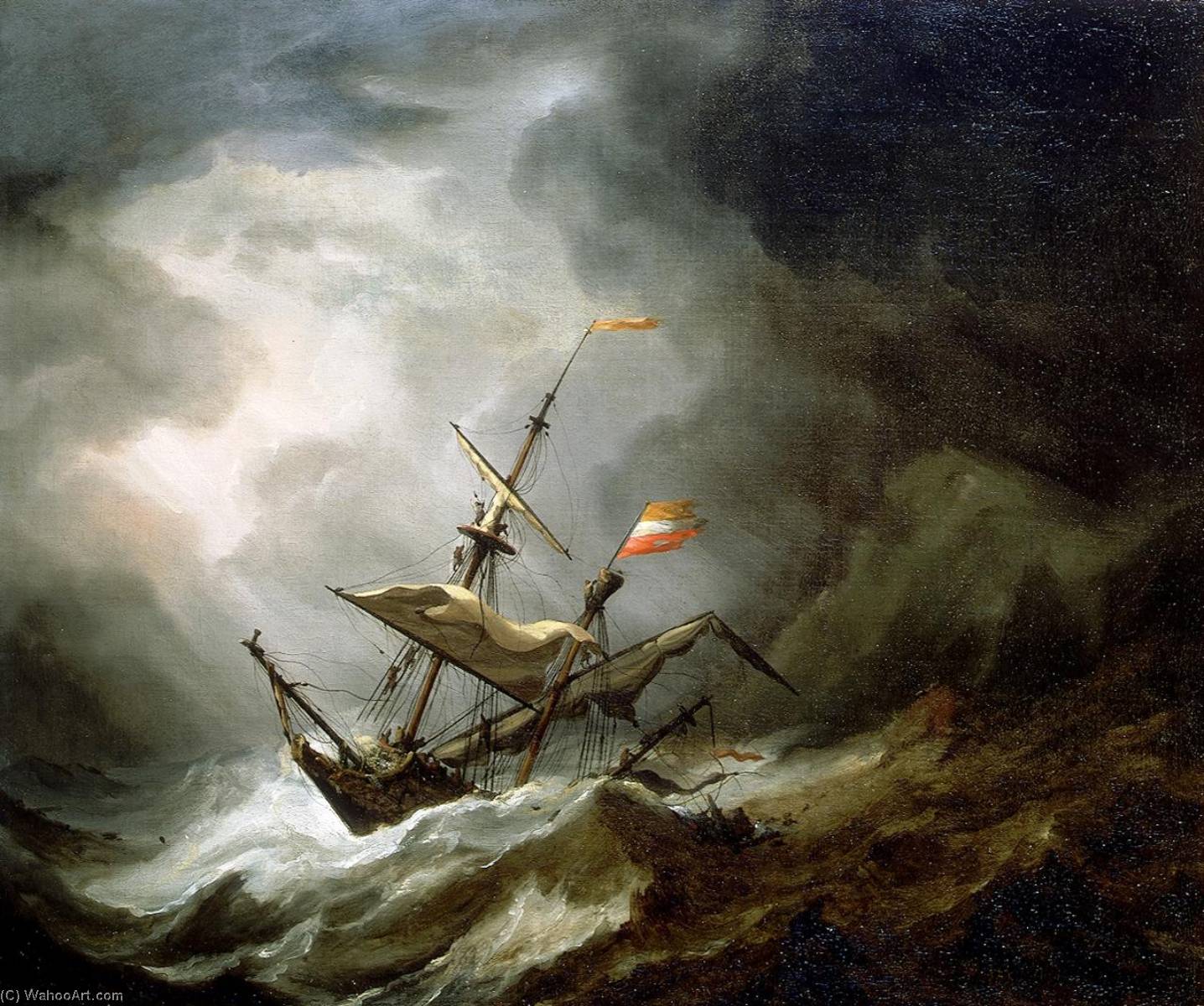 WikiOO.org - Encyclopedia of Fine Arts - Lukisan, Artwork Willem Van De Velde The Younger - A Mediterranean Brigantine Drifting Onto a Rocky Coast in a Storm
