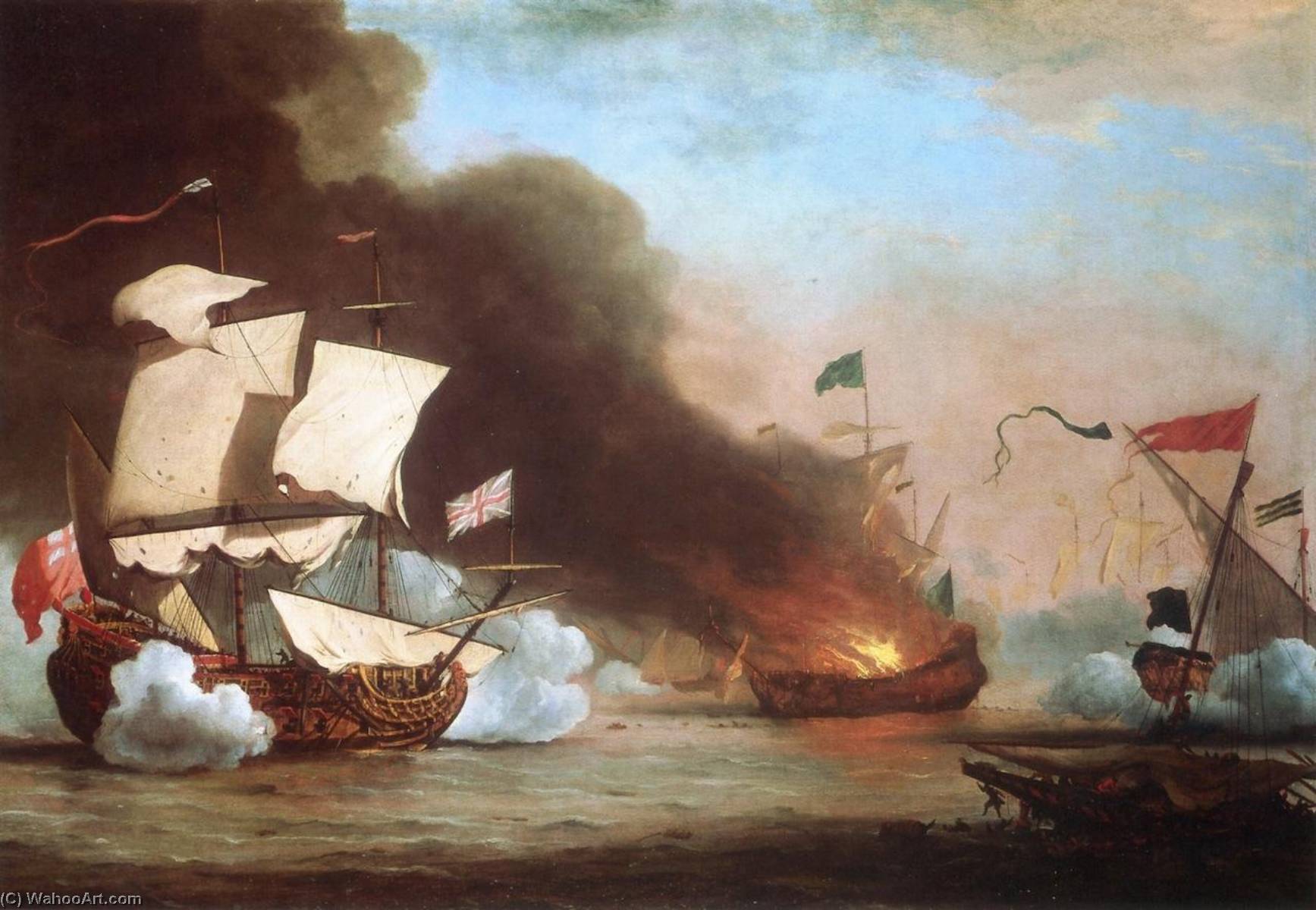 Wikioo.org - The Encyclopedia of Fine Arts - Painting, Artwork by Willem Van De Velde The Younger - An English Ship in Action with Barbary Pirates