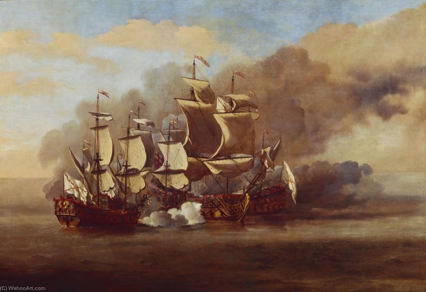 Wikioo.org - The Encyclopedia of Fine Arts - Painting, Artwork by Willem Van De Velde The Younger - An English Indiaman Attacked by Three Spanish Privateers