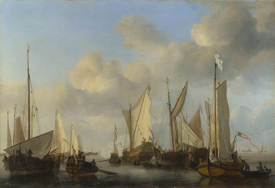 Wikioo.org - The Encyclopedia of Fine Arts - Painting, Artwork by Willem Van De Velde The Younger - A Dutch Yacht Surrounded by Many Small Vessels, Saluting as Two Barges pull alongside