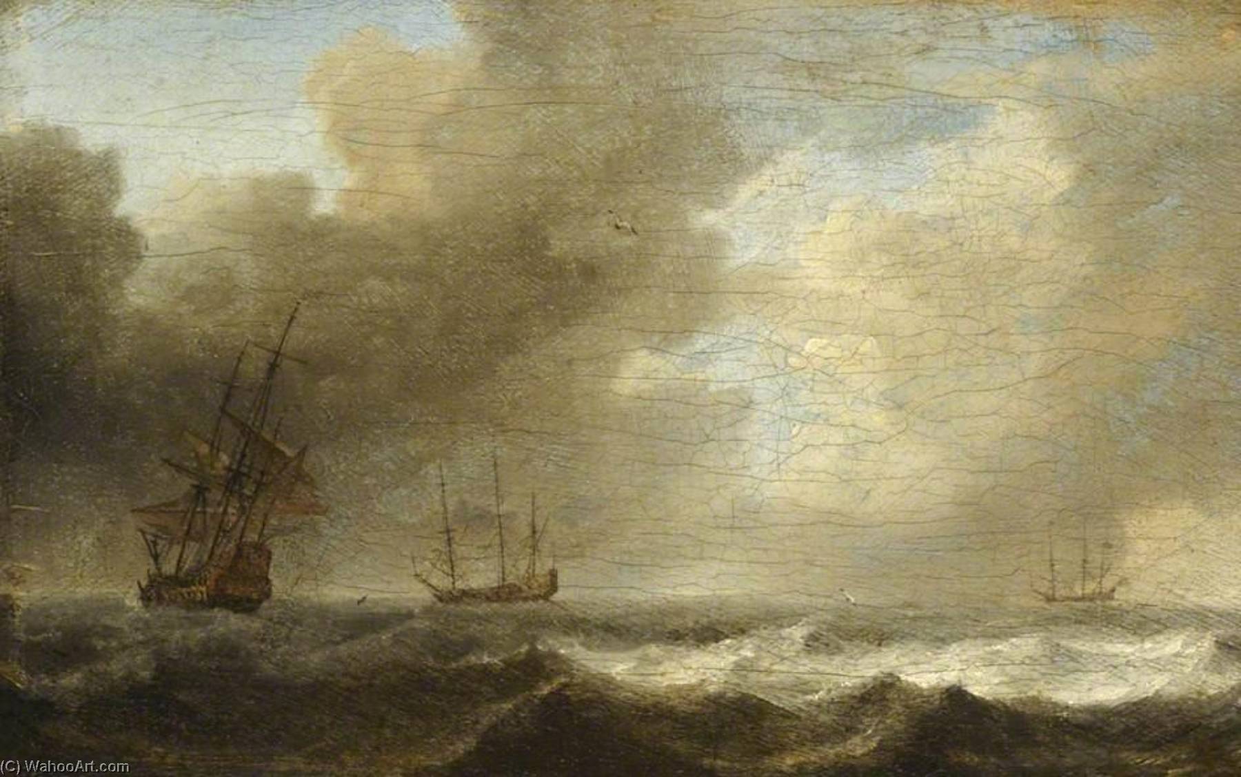 Wikioo.org - The Encyclopedia of Fine Arts - Painting, Artwork by Willem Van De Velde The Younger - A Dutch Ship Lying to in a Strong Breeze