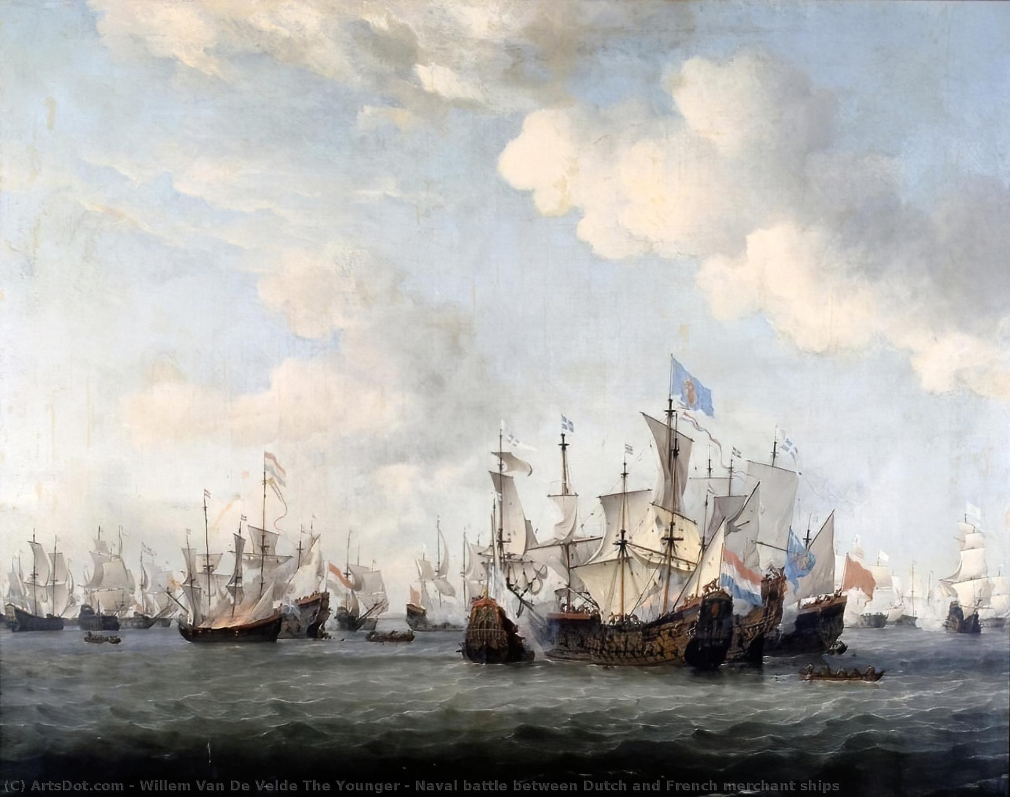 Wikioo.org - The Encyclopedia of Fine Arts - Painting, Artwork by Willem Van De Velde The Younger - Naval battle between Dutch and French merchant ships