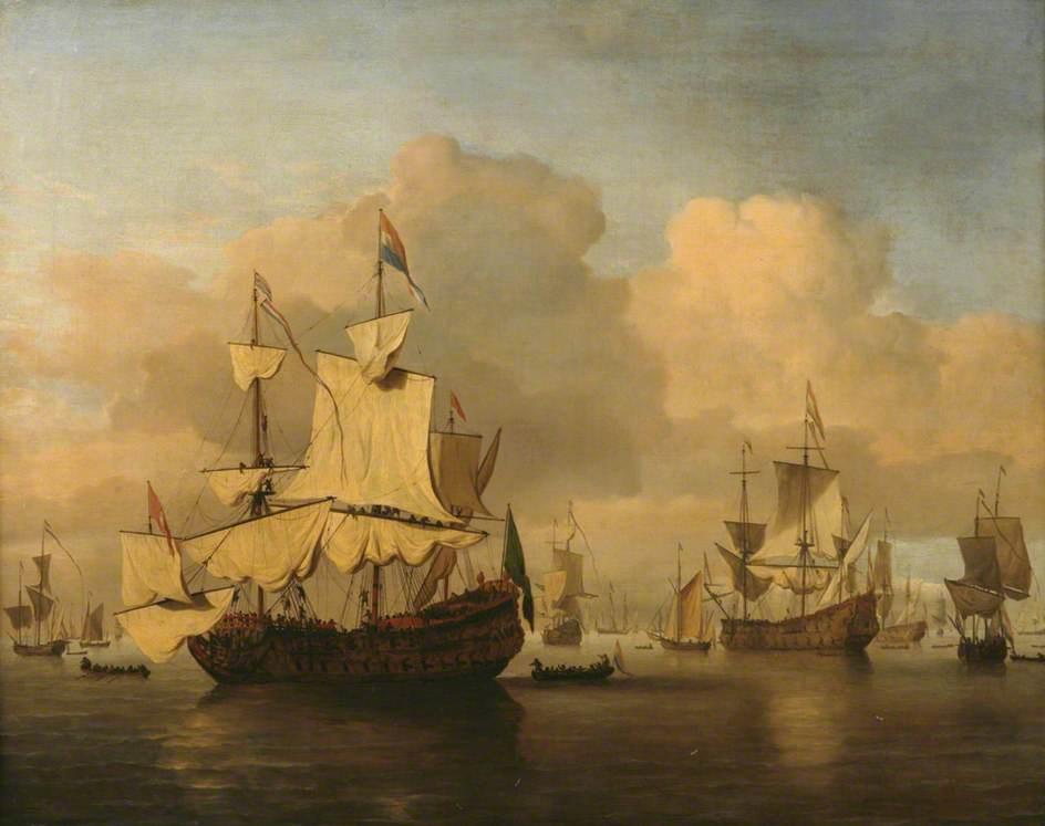 WikiOO.org – 美術百科全書 - 繪畫，作品 Willem Van De Velde The Younger - 荷兰 男人 'O 战争 在平静 大海 与 众多 其他船