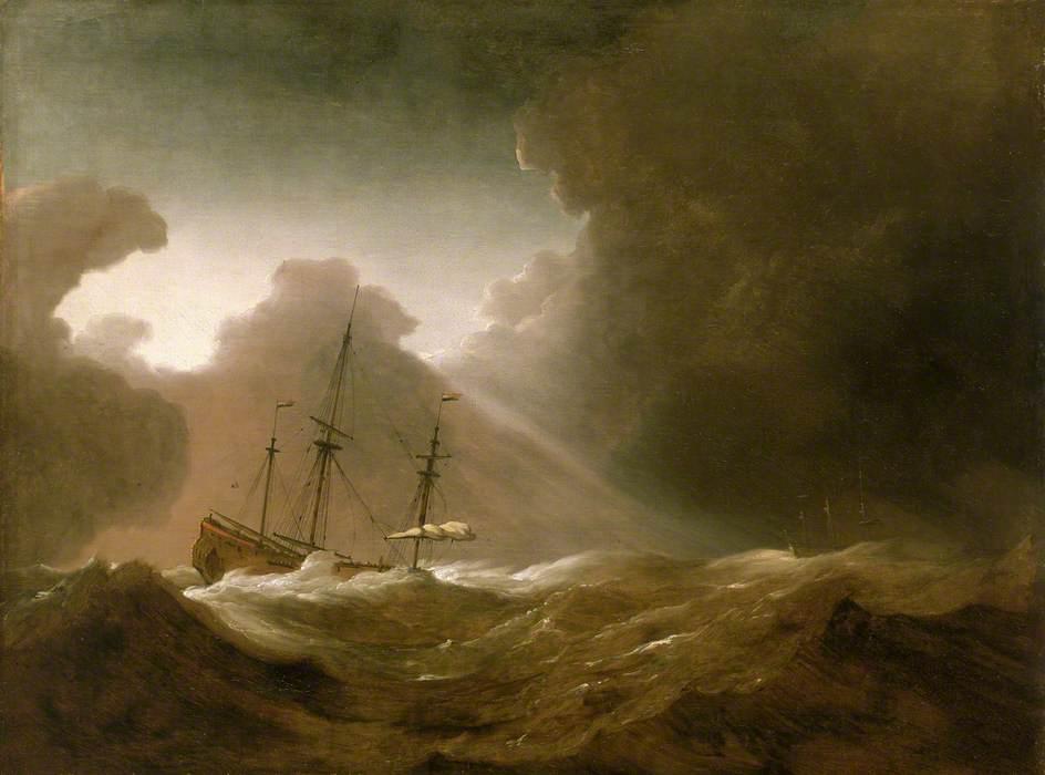 Wikioo.org - The Encyclopedia of Fine Arts - Painting, Artwork by Willem Van De Velde The Younger - A Dutch Ship Scudding Before a Storm