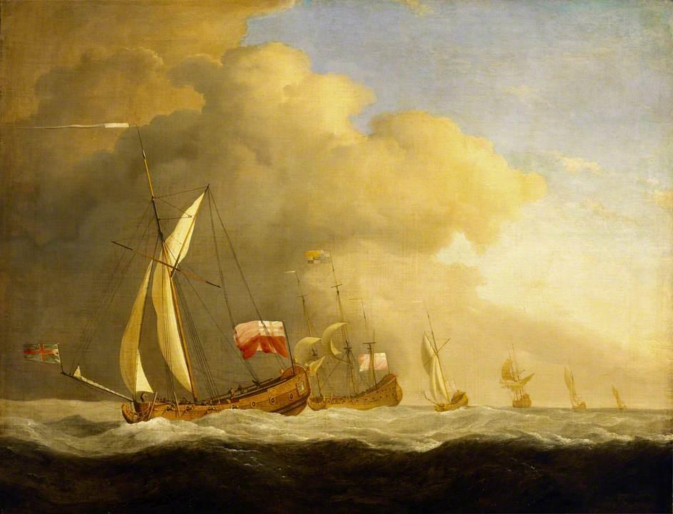 Wikioo.org - The Encyclopedia of Fine Arts - Painting, Artwork by Willem Van De Velde The Younger - English Royal Yachts at Sea, in a Strong Wind in Company with a Ship Flying the Royal Standard