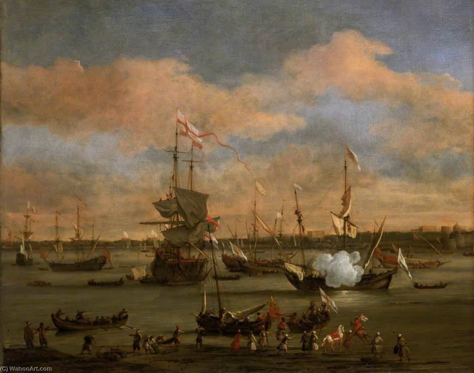 Wikioo.org - The Encyclopedia of Fine Arts - Painting, Artwork by Willem Van De Velde The Younger - An English Merchant Ship in a Mediterranean Harbour in a Light Breeze with Other Vessels