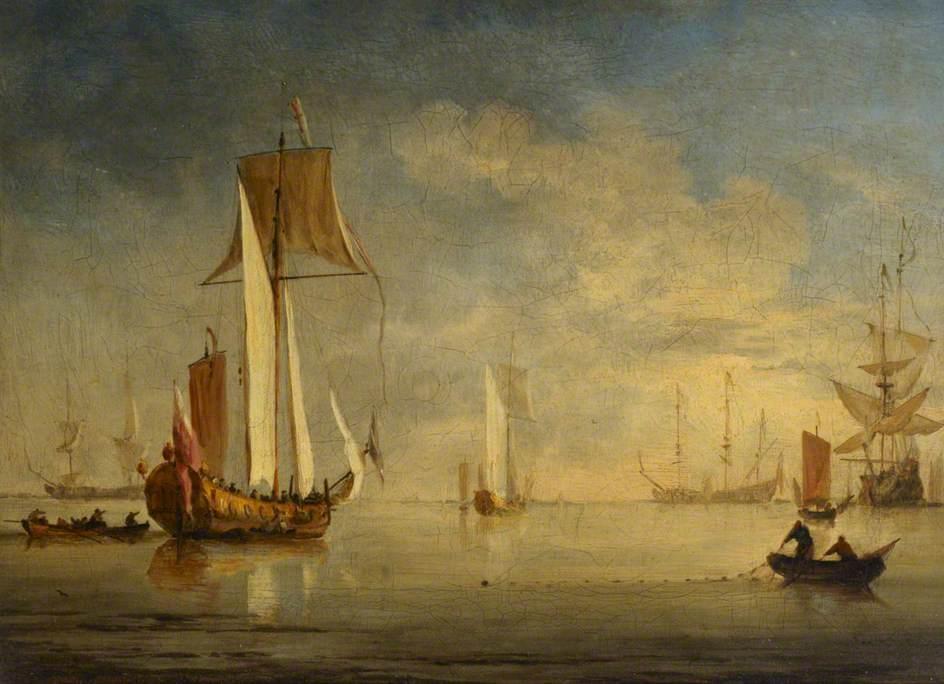 Wikioo.org - The Encyclopedia of Fine Arts - Painting, Artwork by Willem Van De Velde The Younger - An English Royal Yacht under Sail with a Fishing Boat Laying a Net