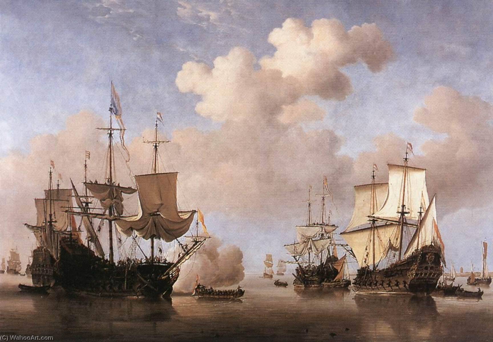 Wikioo.org - The Encyclopedia of Fine Arts - Painting, Artwork by Willem Van De Velde The Younger - Calm Dutch Ships Coming to Anchor