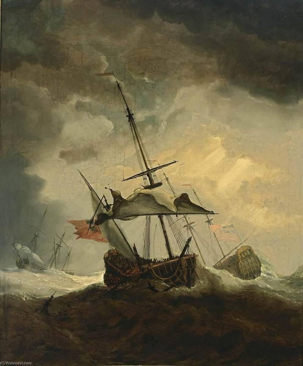 WikiOO.org – 美術百科全書 - 繪畫，作品 Willem Van De Velde The Younger -  小 英语 船 Dismasted  在 大风