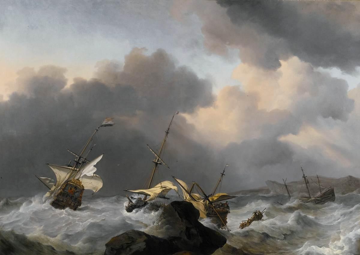 Wikioo.org - The Encyclopedia of Fine Arts - Painting, Artwork by Willem Van De Velde The Younger - The Jupiter and Another Dutch Ship Wrecked on a Rocky Coast in a Gale