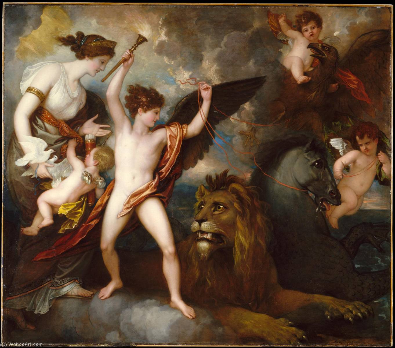 WikiOO.org - Encyclopedia of Fine Arts - Maalaus, taideteos Benjamin West - Omnia Vincit Amor Alternative title(s) The Power of Love in the Three Elements