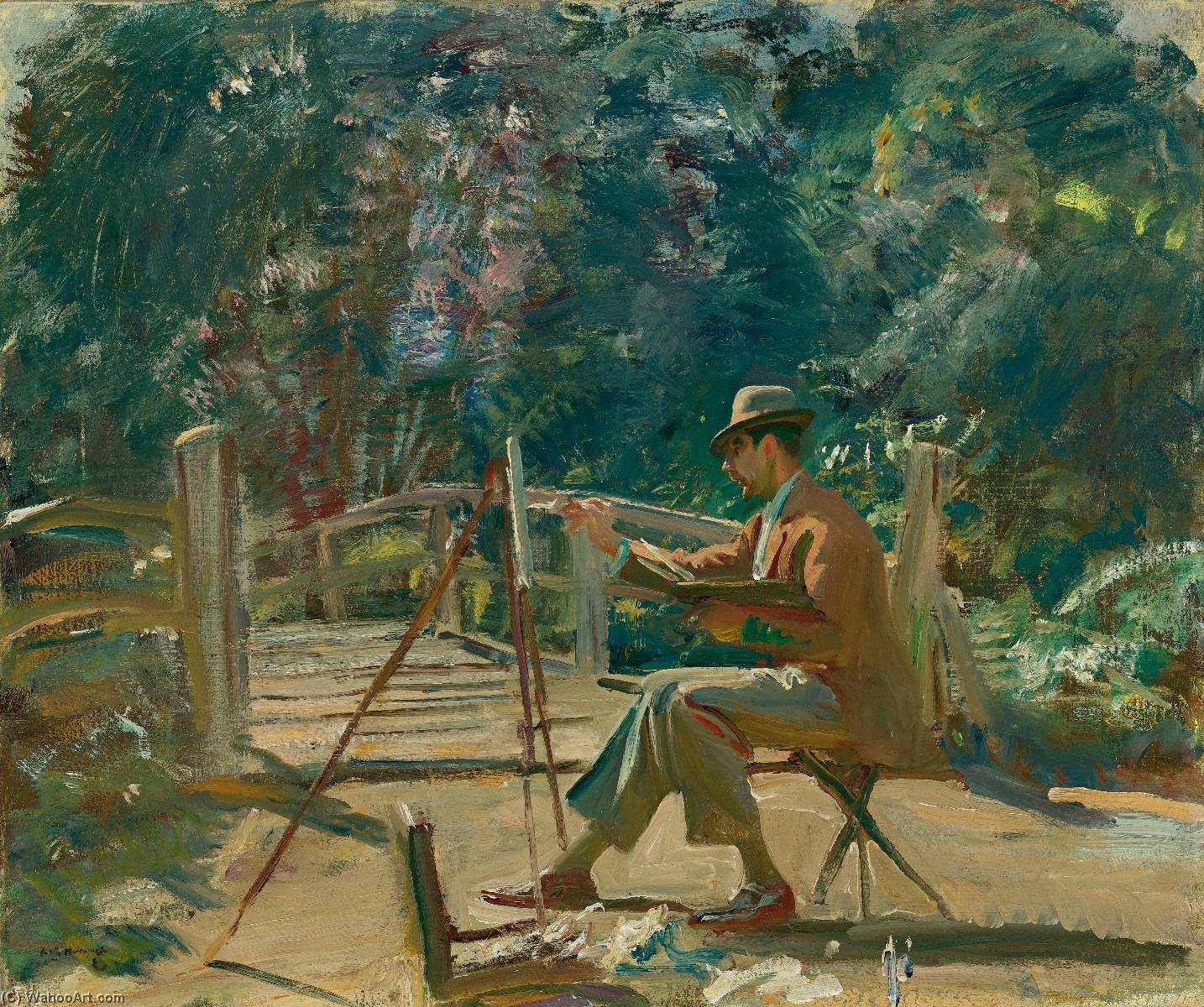 Wikioo.org - The Encyclopedia of Fine Arts - Painting, Artwork by Alfred James Munnings - Maurice Codner sketching by the bridge at Wiston