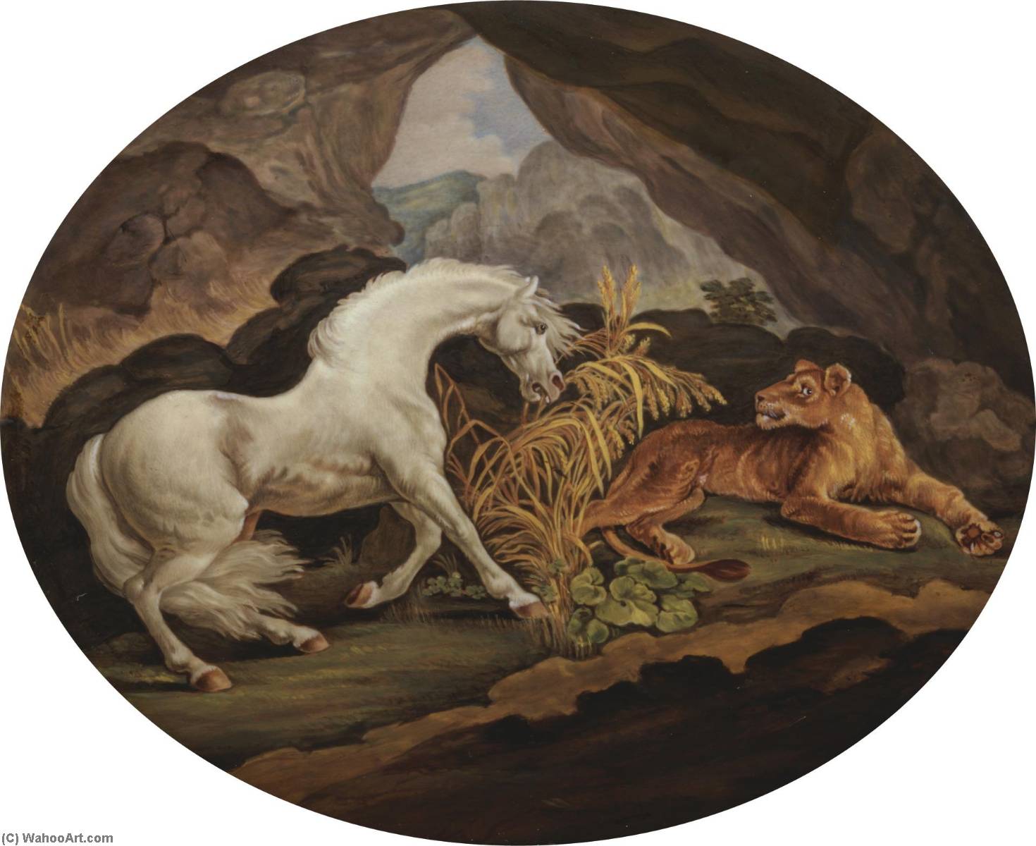 Wikioo.org - The Encyclopedia of Fine Arts - Painting, Artwork by George Stubbs - A Horse Frightened by a Lioness