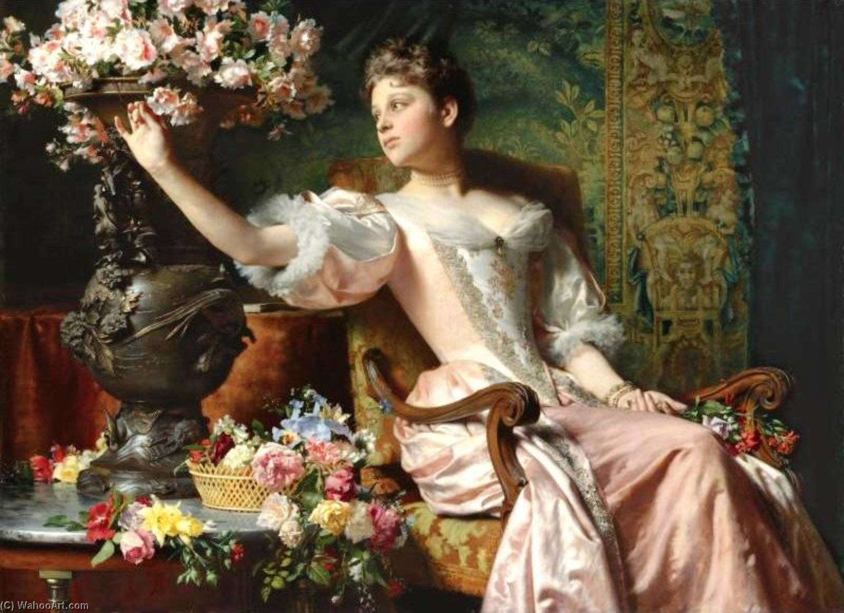 WikiOO.org – 美術百科全書 - 繪畫，作品 Wladyslaw Czachórski - 夫人 一个  粉红色  礼服  与  花儿