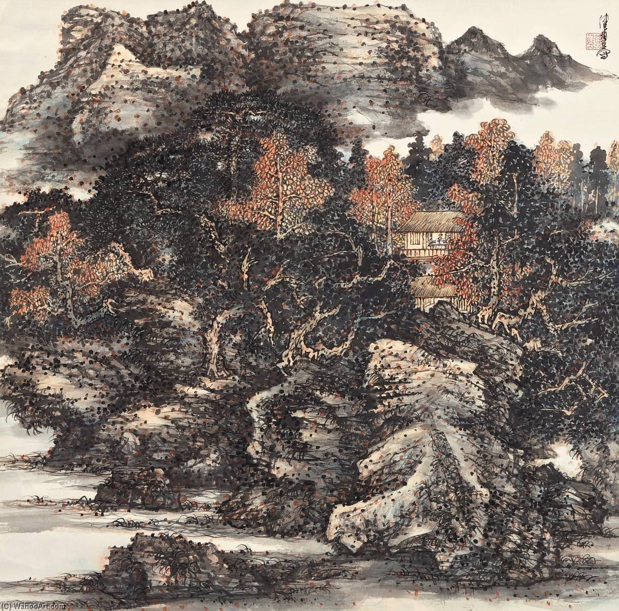 WikiOO.org – 美術百科全書 - 繪畫，作品 Chen Peiqiu - 隐士 在  的  秋  山