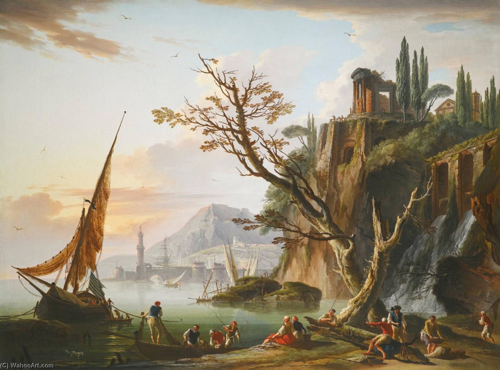 Wikioo.org - The Encyclopedia of Fine Arts - Painting, Artwork by Charles François Grenier De Lacroix - A coastal landscape at sunset, with fishermen mooring their boats and figures on the shore