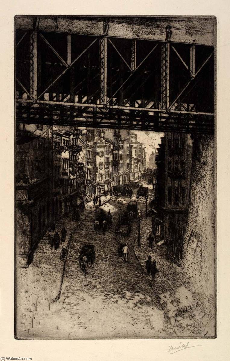 WikiOO.org - Encyclopedia of Fine Arts - Lukisan, Artwork Charles Frederick William Mielatz - Street Scene under Steel Bridge