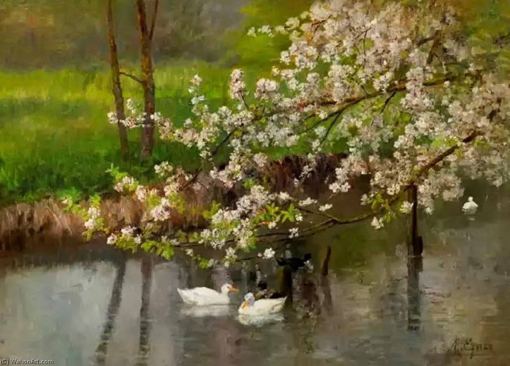 Wikioo.org - The Encyclopedia of Fine Arts - Painting, Artwork by Marie Egner - Flowering Tree above the Duck Pond