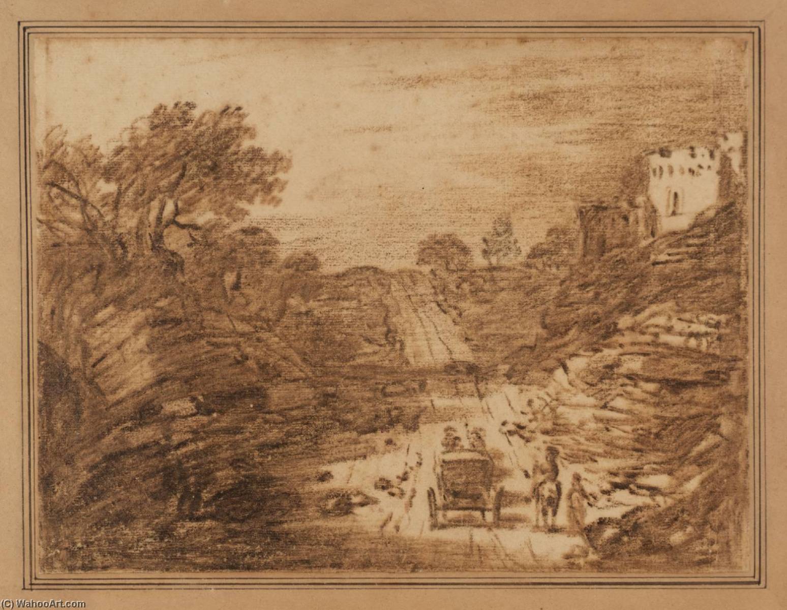 Wikoo.org - موسوعة الفنون الجميلة - اللوحة، العمل الفني Thomas Gainsborough - Landscape with Castle and Carriage