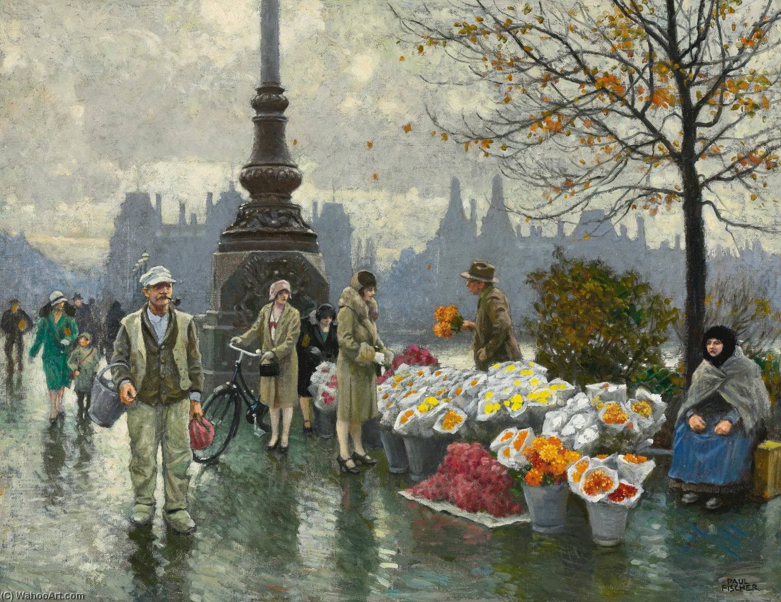 Wikioo.org - The Encyclopedia of Fine Arts - Painting, Artwork by Paul Gustave Fischer - Flowersellers at Dr. Louises Bro (Queen Louise's Bridge) in Copenhagen