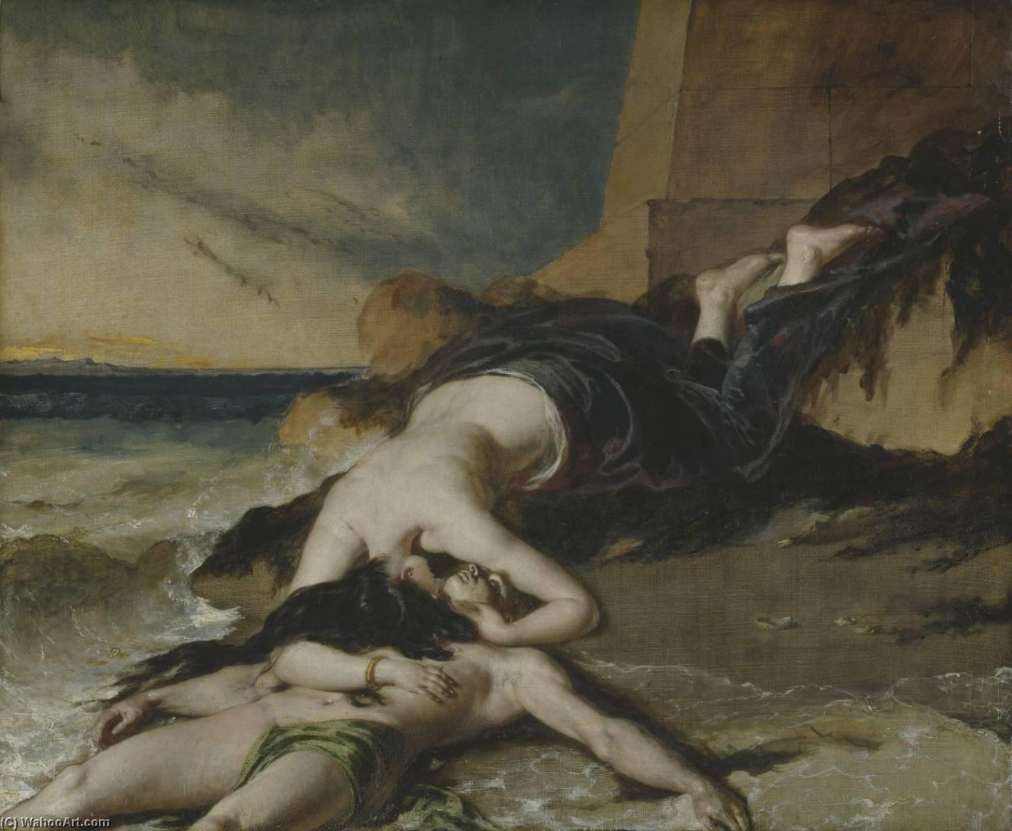 Wikioo.org - The Encyclopedia of Fine Arts - Painting, Artwork by William Etty - Hero, Having Thrown herself from the Tower at the Sight of Leander Drowned, Dies on his Body