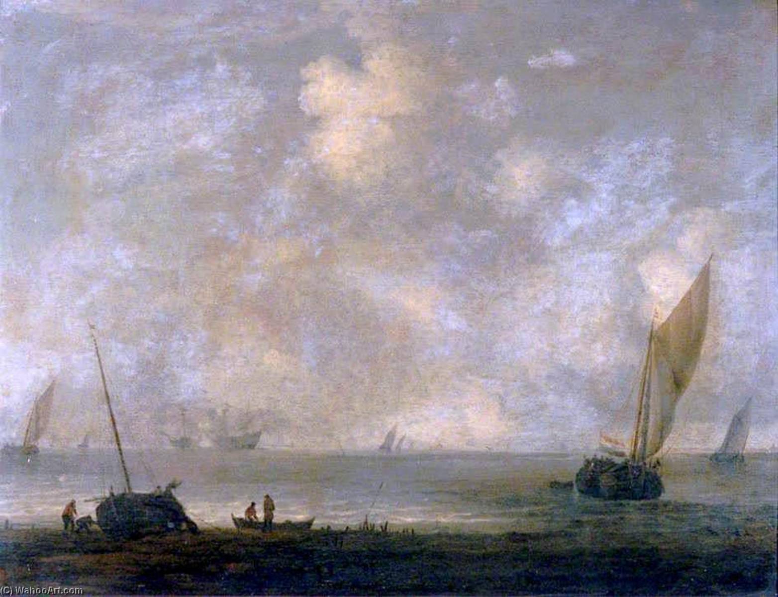 Wikioo.org - The Encyclopedia of Fine Arts - Painting, Artwork by Abraham Hendriksz Van Beijeren - Fishermen on a Shore with Shipping