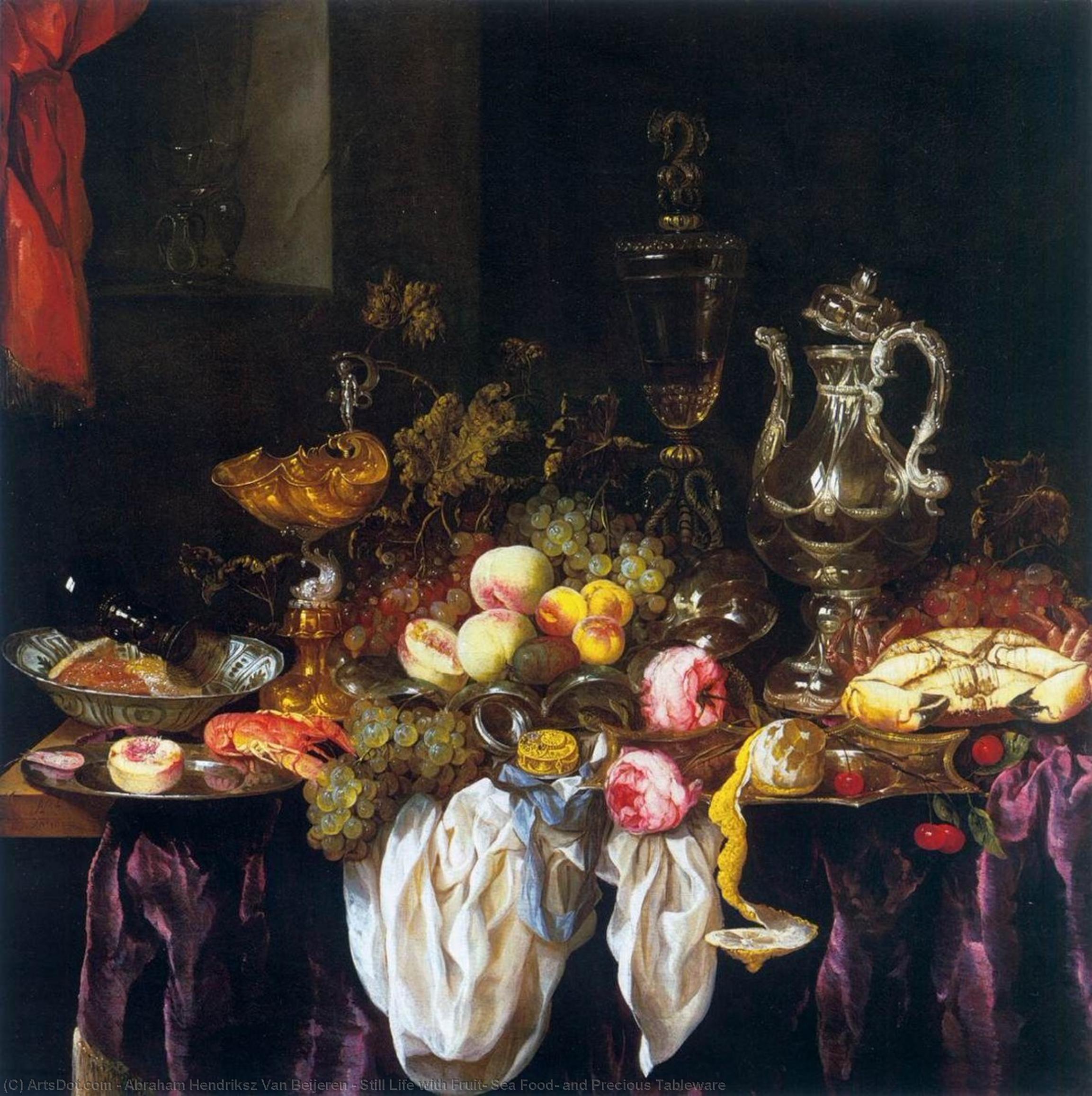 Wikioo.org - The Encyclopedia of Fine Arts - Painting, Artwork by Abraham Hendriksz Van Beijeren - Still Life with Fruit, Sea Food, and Precious Tableware
