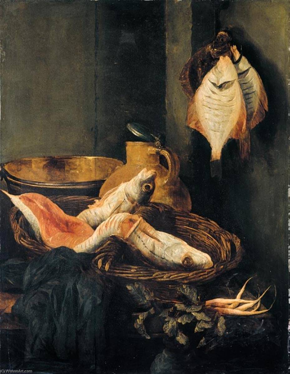 Wikioo.org – La Enciclopedia de las Bellas Artes - Pintura, Obras de arte de Abraham Hendriksz Van Beijeren - bodegón con pescado cómo  cesto