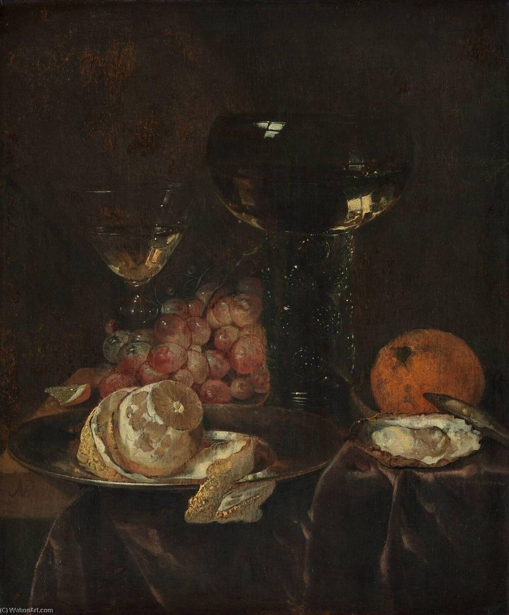 Wikioo.org - The Encyclopedia of Fine Arts - Painting, Artwork by Abraham Hendriksz Van Beijeren - Still life with lemon, grapes and glasses