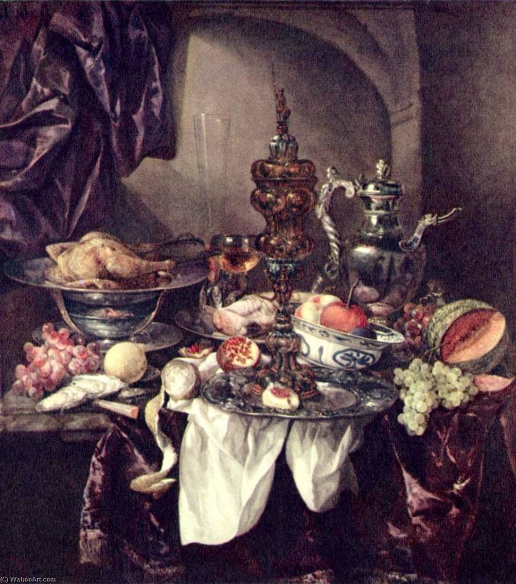 Wikioo.org - สารานุกรมวิจิตรศิลป์ - จิตรกรรม Abraham Hendriksz Van Beijeren - Still life with fruit, roast, silver and glassware, porcelain and columbine cup on a dark tablecloth with white serviette