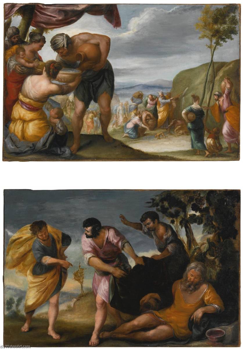 Wikioo.org - The Encyclopedia of Fine Arts - Painting, Artwork by Juan Antonio Frias Y Escalante - Moses Striking the Rock and the Drunkenness of Noah a pair