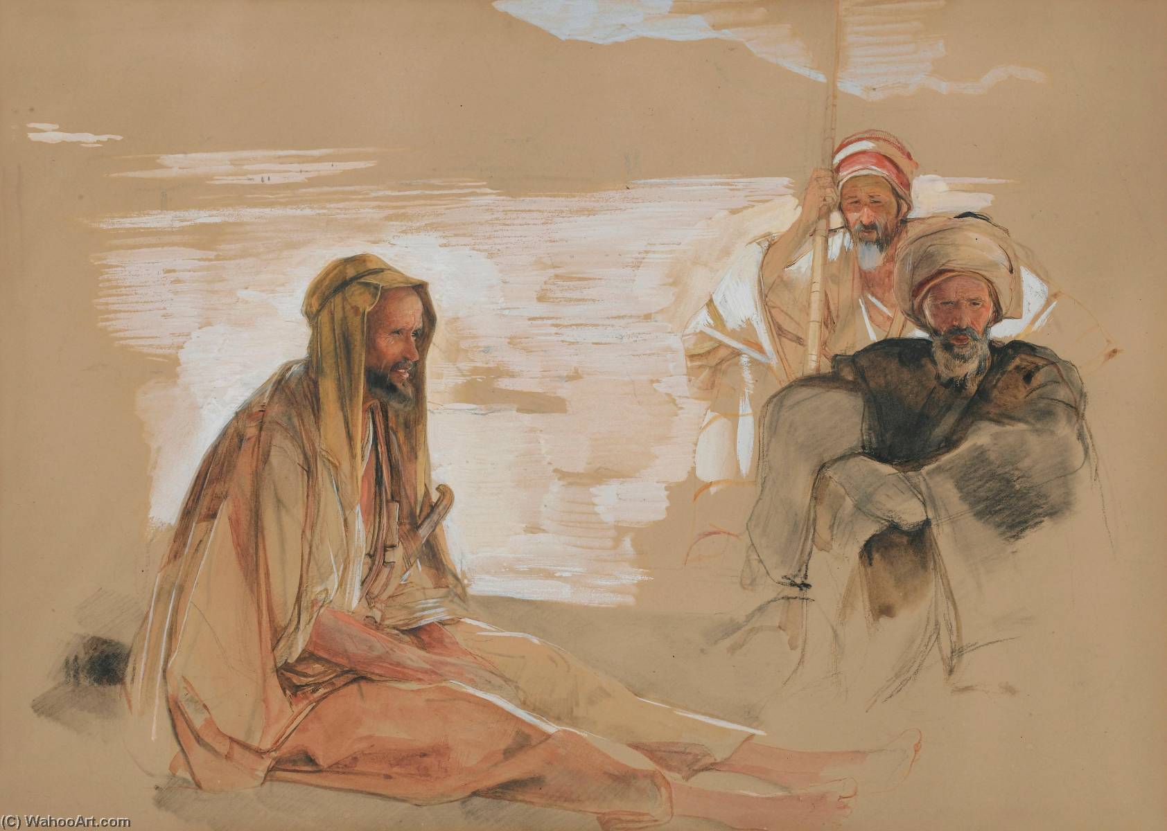 Wikioo.org – La Enciclopedia de las Bellas Artes - Pintura, Obras de arte de John Frederick Lewis - estudio de tres  Árabes