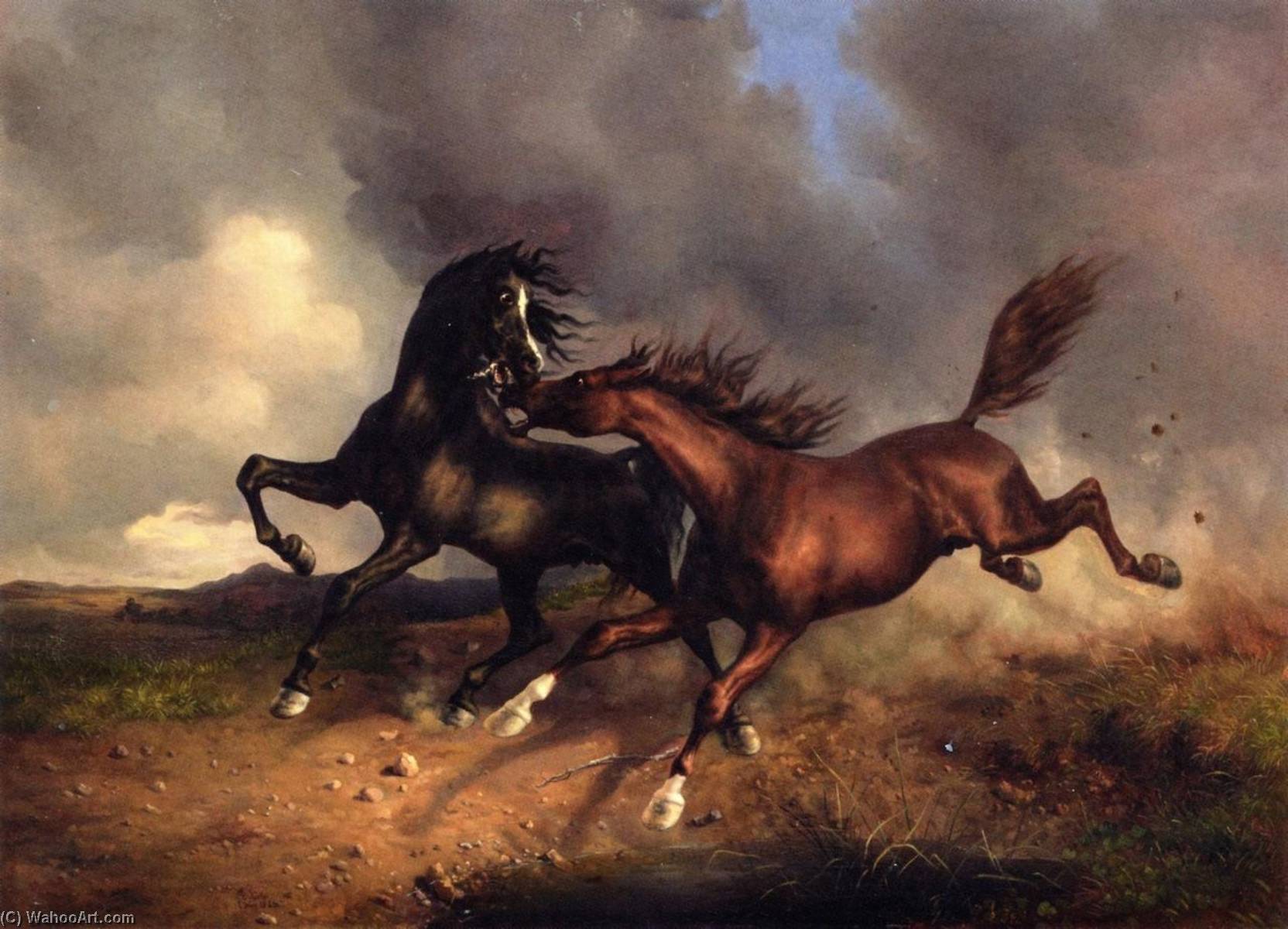 Wikioo.org - The Encyclopedia of Fine Arts - Painting, Artwork by Rudolf Koller - Horses during a Thunderstorm