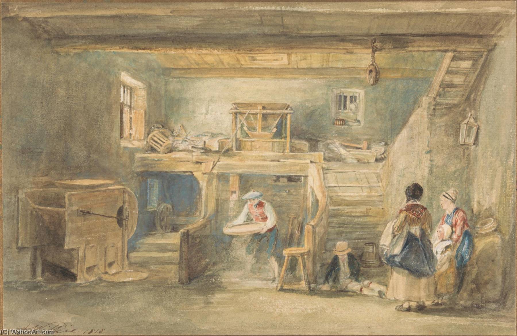 Wikioo.org - The Encyclopedia of Fine Arts - Painting, Artwork by David Wilkie Wynfield - Interior of Pitlessie Mill with a Man Sieving Corn