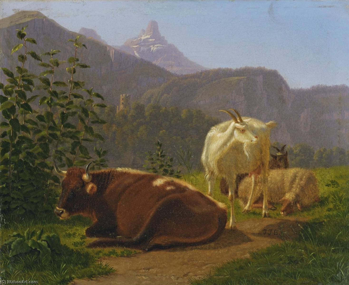 Wikioo.org - The Encyclopedia of Fine Arts - Painting, Artwork by Johann Jakob Biedermann - Tiere vor Berglandschaft