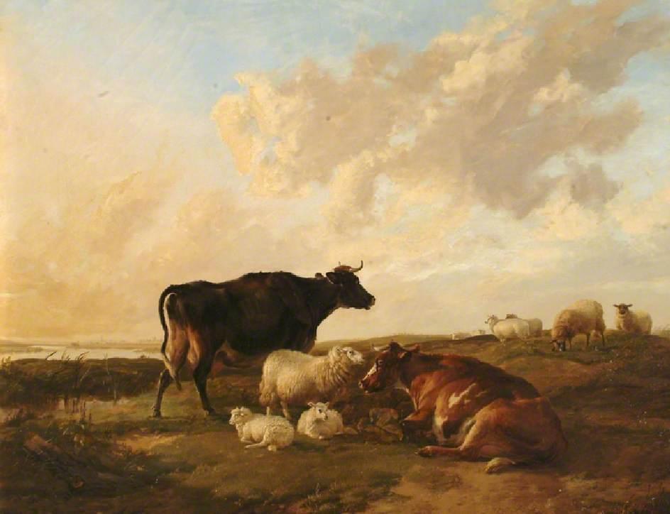 Wikioo.org - The Encyclopedia of Fine Arts - Painting, Artwork by Thomas Sidney Cooper - Landscape with Cows and Sheep