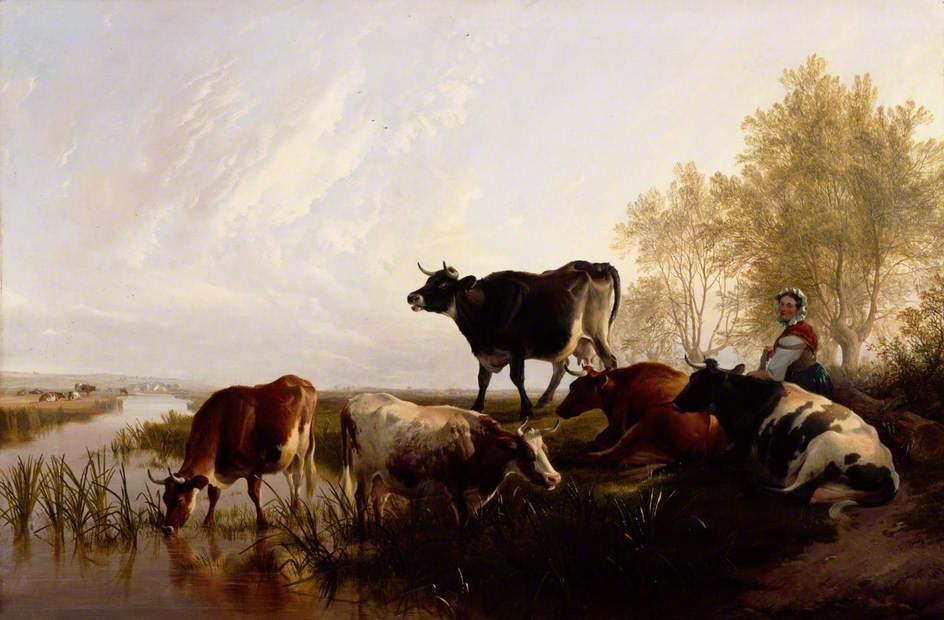 Wikioo.org - The Encyclopedia of Fine Arts - Painting, Artwork by Thomas Sidney Cooper - Milking Time in the Meadows