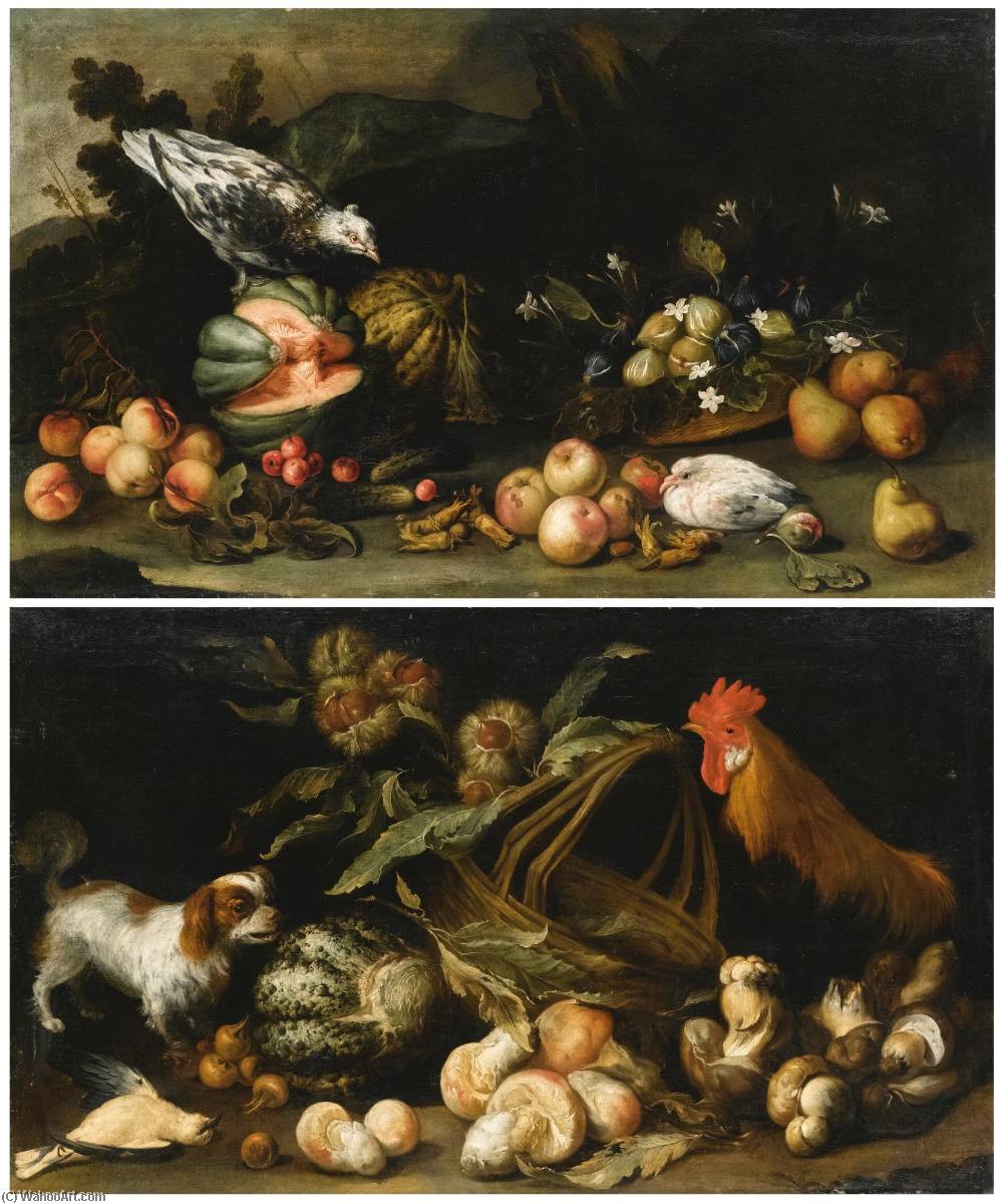 Wikioo.org - The Encyclopedia of Fine Arts - Painting, Artwork by Anton Maria Vassallo - A forest floor still life with a dog, a cockerel, horse chestnuts and a melon A forest floor still life with figs, pears, melons, apricots and cucumbers
