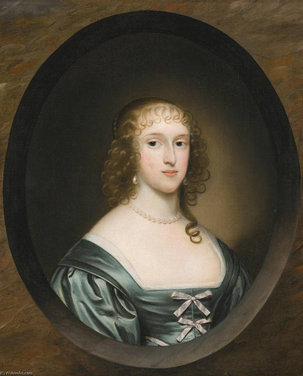 Wikioo.org - The Encyclopedia of Fine Arts - Painting, Artwork by Cornelis Jonson Van Ceulen - Portrait of Lady Bowyer, half length, wearing a green dress with ribbons and a pearl necklace, in a sculpted cartouche