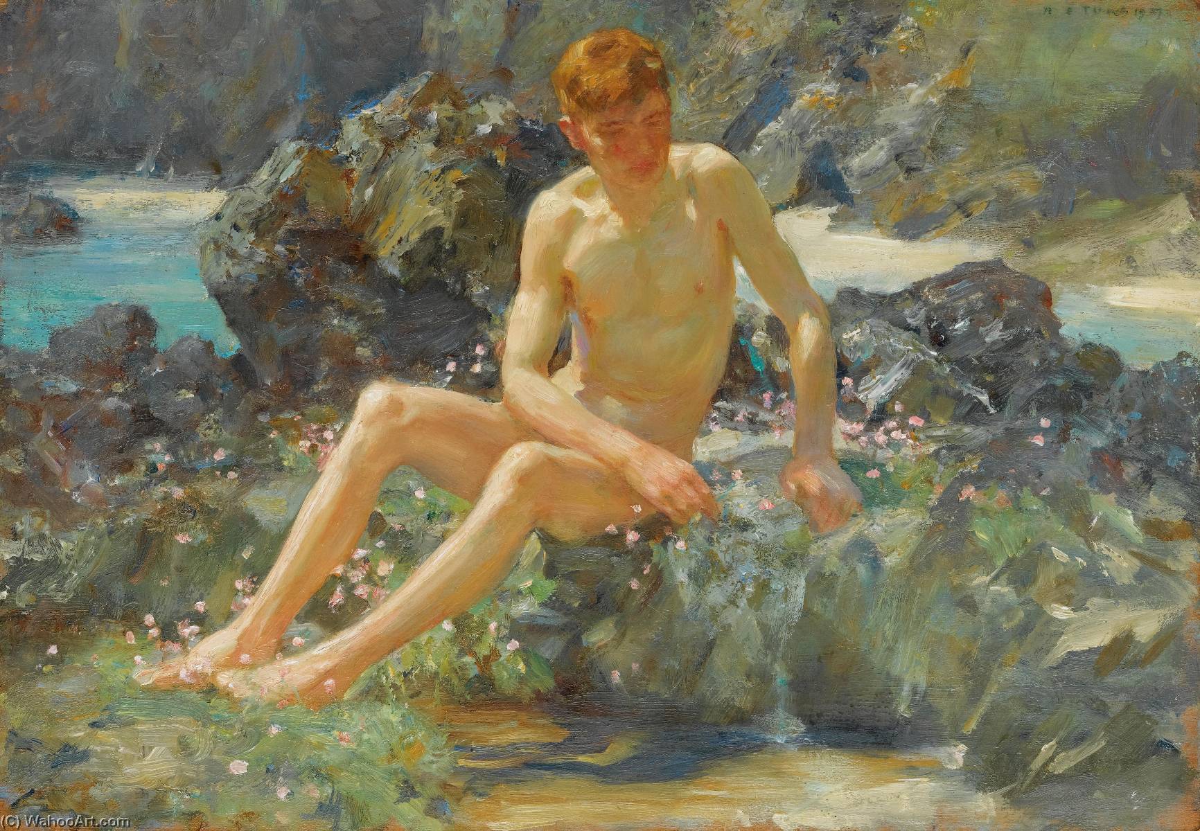 Wikioo.org - The Encyclopedia of Fine Arts - Painting, Artwork by Henry Scott Tuke - Nude on the Rocks