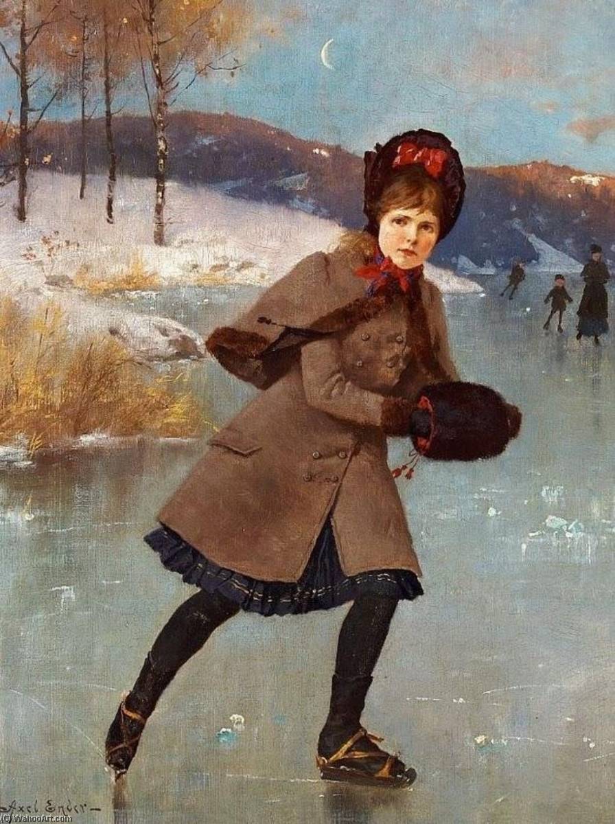 WikiOO.org – 美術百科全書 - 繪畫，作品 Axel Hjalmar Ender - 年轻的女孩 对  一个  冻结  湖  挪威