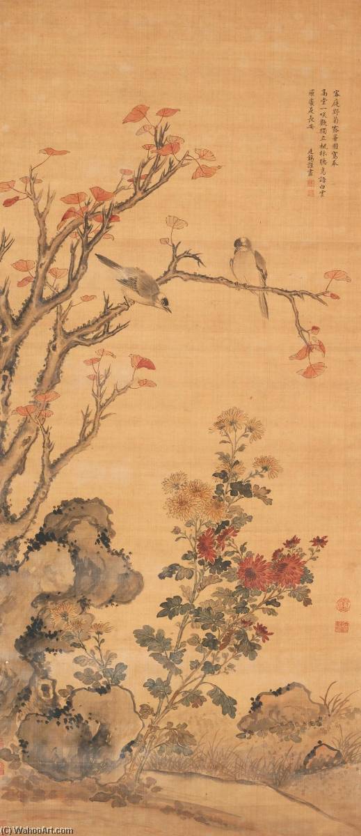 WikiOO.org - Encyclopedia of Fine Arts - Lukisan, Artwork Jiang Tingxi - BIRDS ON A MAPLE TREE