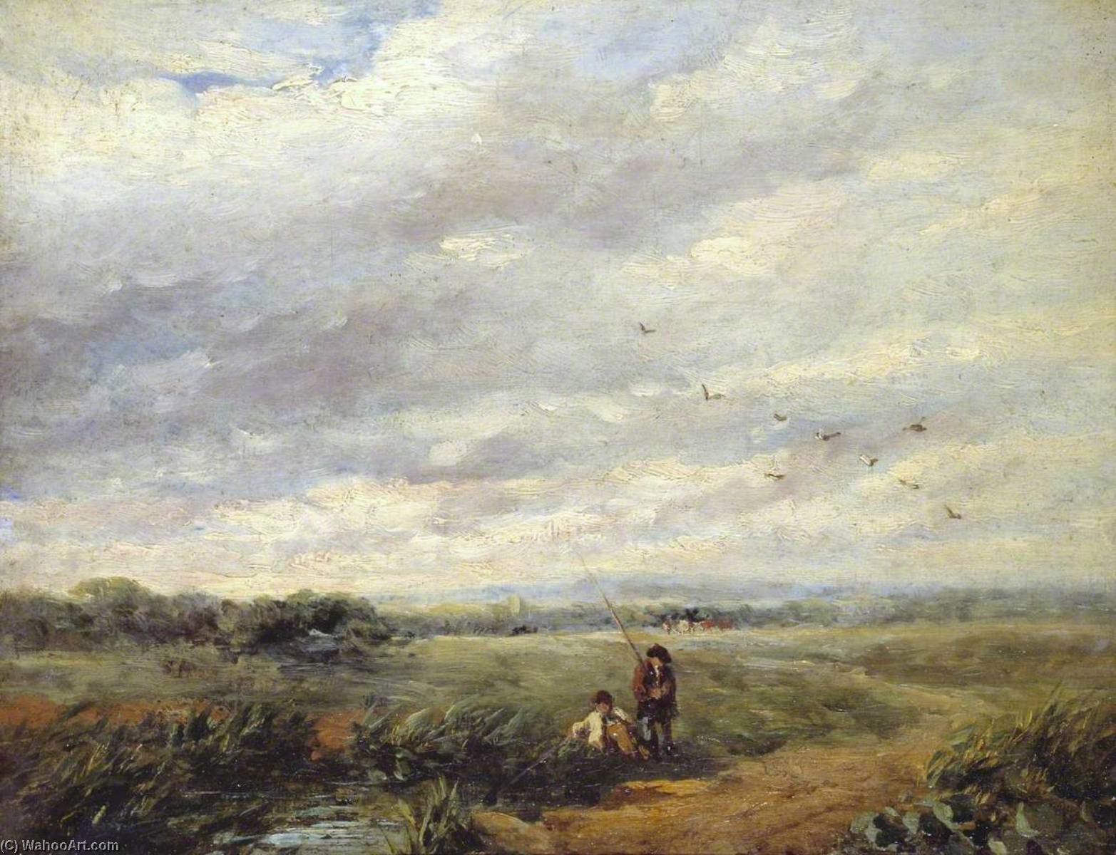 Wikioo.org - The Encyclopedia of Fine Arts - Painting, Artwork by David Cox The Elder - River Scene with Boys Fishing