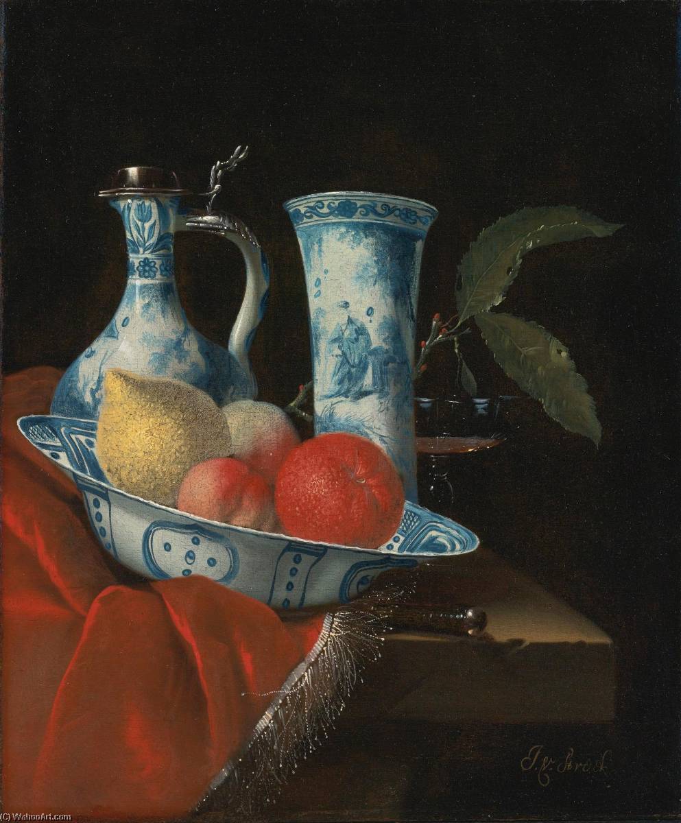 Wikioo.org - The Encyclopedia of Fine Arts - Painting, Artwork by Juriaan Van Streek - Still life of a blue and white Wan li bowl with peaches, a lemon and an orange, a porcelain ewer and vase, a wine glass and a knife, on a partly draped stone ledge