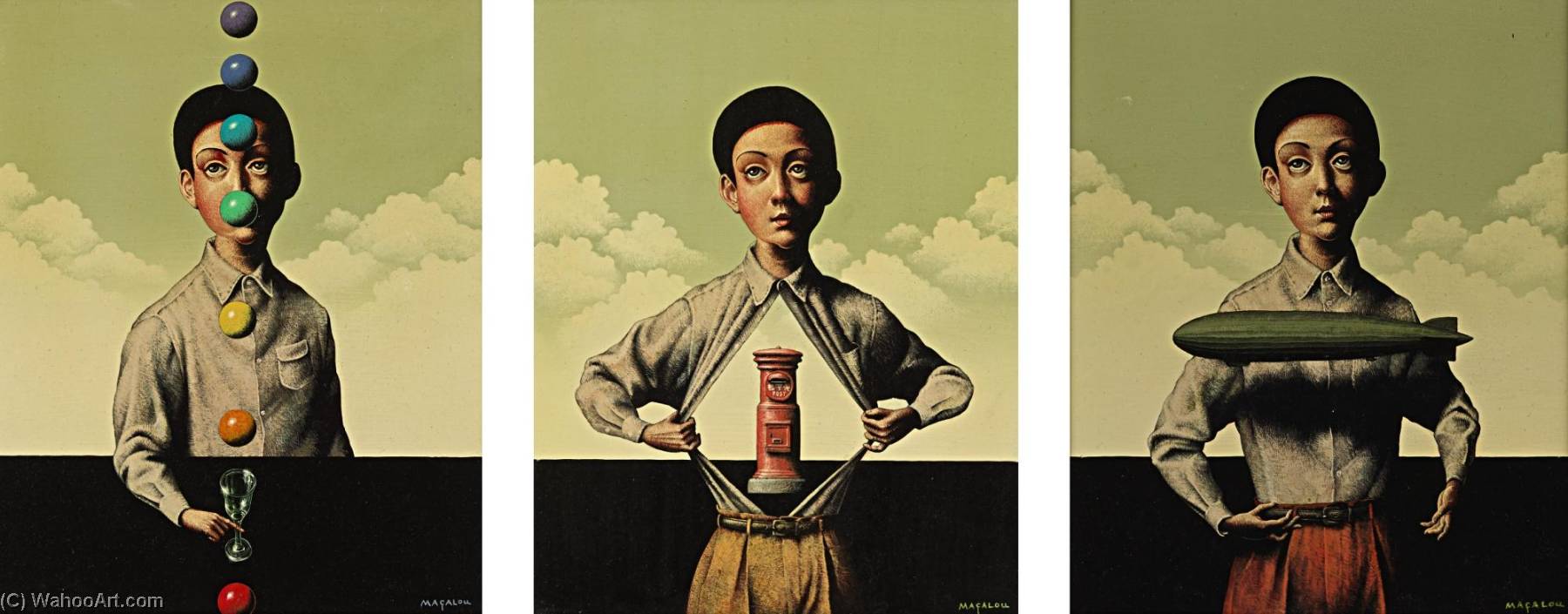 Wikioo.org - สารานุกรมวิจิตรศิลป์ - จิตรกรรม Masaru Shichinohe - Rainbow Cocktail, The Post Box, The Flying Ship (triptych)