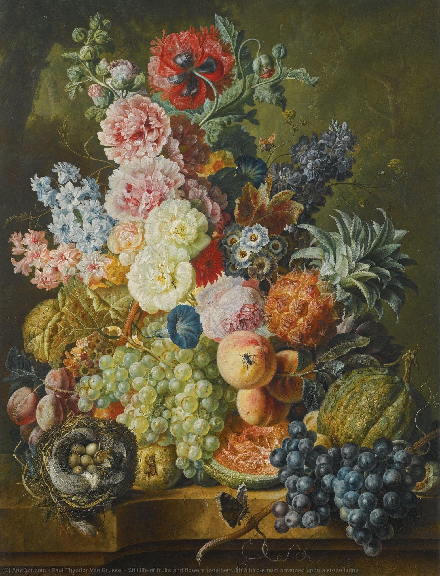 Wikioo.org - The Encyclopedia of Fine Arts - Painting, Artwork by Paul Theodor Van Brussel - Still life of fruits and flowers together with a bird's nest arranged upon a stone ledge